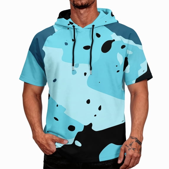 OIOLOYJM Hoodies for Men Sun Protection UPF Camo Short Sleeve Hooded Shirts Rash Guard Quick Dry Hiking Fishing Clothes Sky Blue M