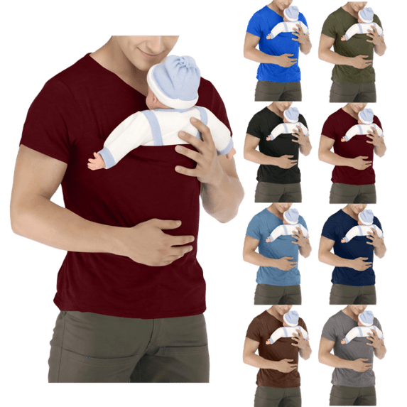 OIOLOYJM Kangaroo Shirt for Dad and Baby V Neck Short Sleeve Baby Carrier T-Shirt Casual Soft Breathable Tops with Pockets Wine 2XL