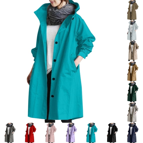 OIOLOYJM Long Rain Jacket for Women Waterproof Plus Size Long Sleeve Button Down Collared Rain Coats with Hood Trendy Casual Fall Outdoor Windbreaker with Pockets