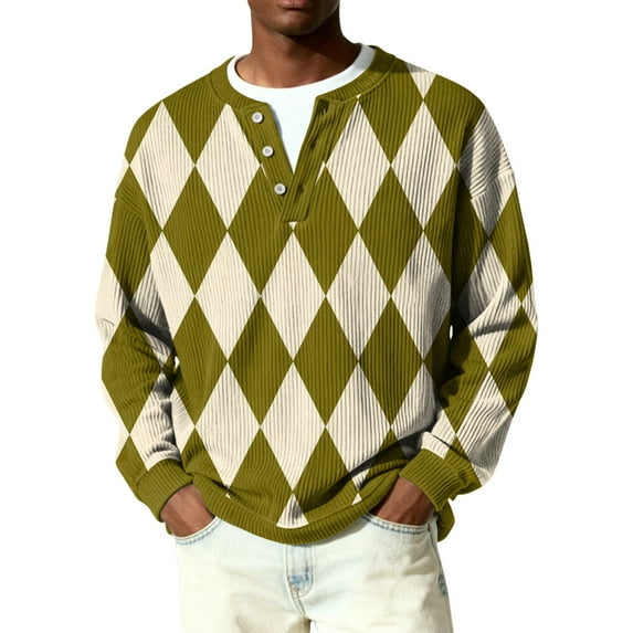 OIOLOYJM Long Sleeve Plaid Henley Shirts for Men Button V Neck Texture Ribbed Knit Golf Sweatshirt Casual Business Work Top Oversized Trendy Vacation Pullover Army Green 2XL