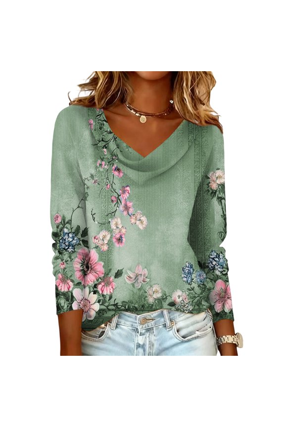 Long Sleeve Shirts for Women Floral Print Oversized Casual Shirts Spring Cowl Neck Lightweight Tunic Tops Dressy Work Outfits Green L