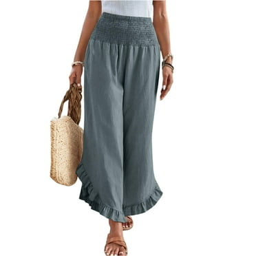 OIOLOYJM Maternity Linen Pants for Women Wide Leg High Waisted Palazzo Pant Summer Ruffle Hem Plus Size Long Lounge Pant Fashion Vacation Culottes with Pockets Blue L