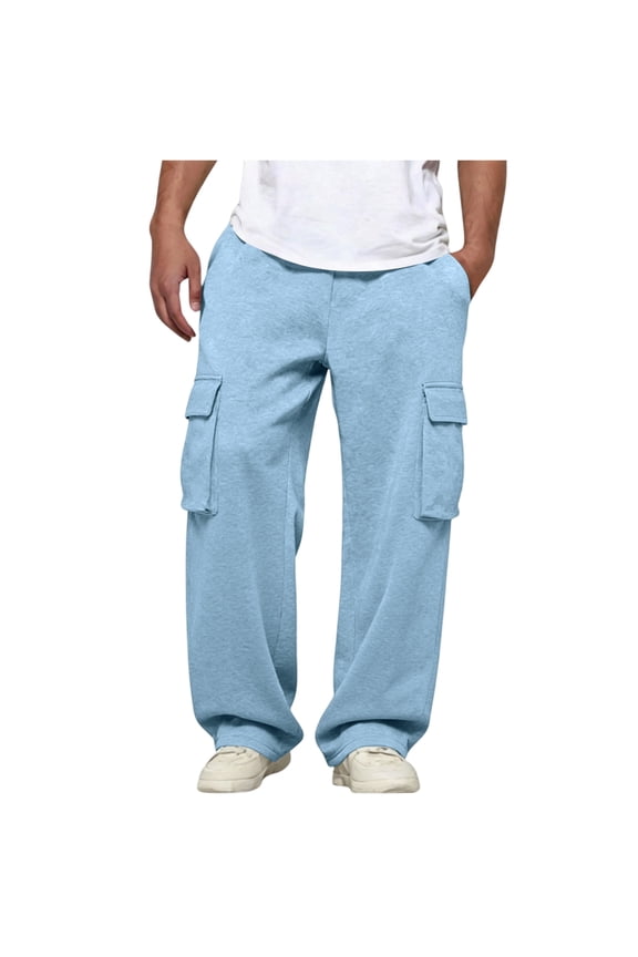 Men's Baggy Sweatpants Wide Leg Lightweight Cargo Pants Casual Loose Fit Joggers Sweat Pants with Pockets Light Blue L