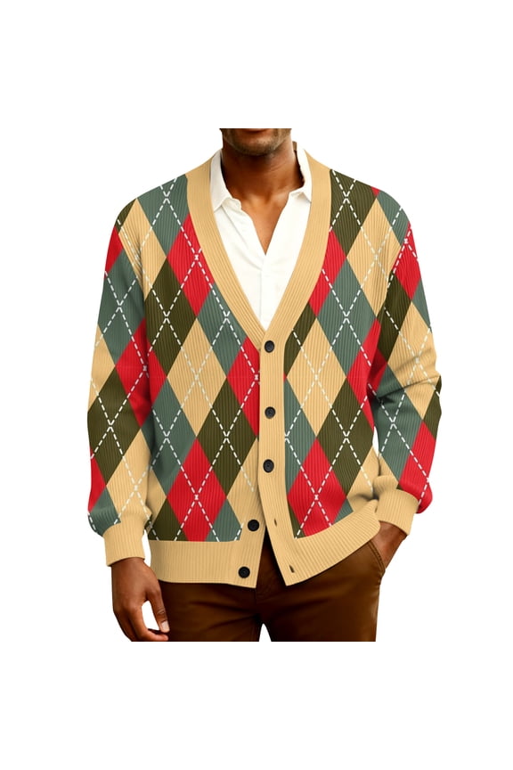 Men's Cardigan Sweaters Button Lightweight Long Sleeve Argyle Pattern Coats Casual Loose Fit V Neck Knitted Outfits Red S