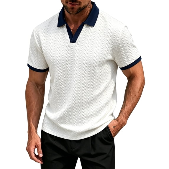 OIOLOYJM Men's Casual Short Sleeve Cable Knit Texture Polo Shirts Cotton Stretch V Neck Johnny Collared Tee Summer Vacation Travel Beach Lounge Golf Shirts White XL
