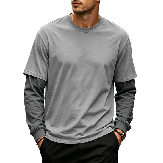 OIOLOYJM Men's Fake Two Piece T-Shirt Long Sleeve Crew Neck Casual Layered Tee Shirts Fashion Basic Athletic Work Pullover Gray L