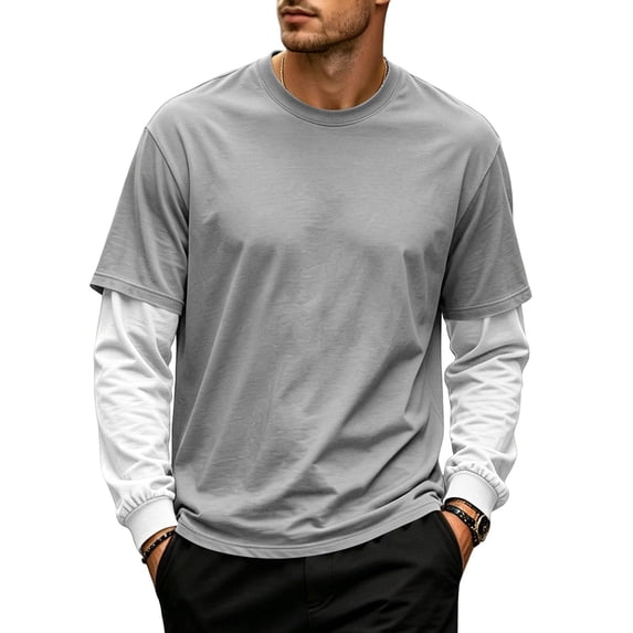 OIOLOYJM Men's Fake Two Piece T-Shirt Long Sleeve Crew Neck Casual Layered Tee Shirts Fashion Basic Athletic Work Pullover Light Gray XL