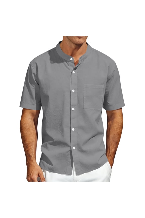 Men's Linen Shirts Summer Short Sleeve Casual Button Down Banded Collar Work Shirt Basic Beach Lounge Vacation Shirts with Pocket Gray XL