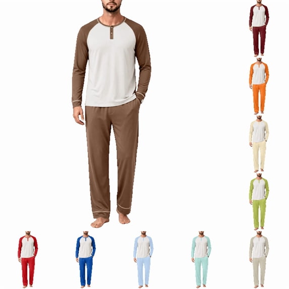 OIOLOYJM Men's Pajama Sets Casual Raglan Long Sleeve Henley Shirts with Bottoms Sets Soft Comfy Lounge Breathable Sleepwear Coffee S