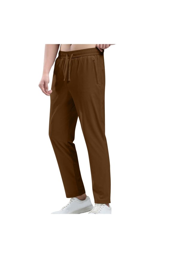 Men's Pants 2026 Casual Quick Dry Lightweight Elastic Drawstring Dress Pants Summer Athletic Hiking Running Classic Straight Leg Sweatpants with Zip Pockets Brown L