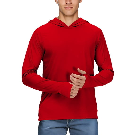 OIOLOYJM Men's Sun Protection Shirts Quick Dry Long Sleeve Rash Guard Lightweight Hoodie Shirt Fishing Running Hiking Hooded T Shirts Red S