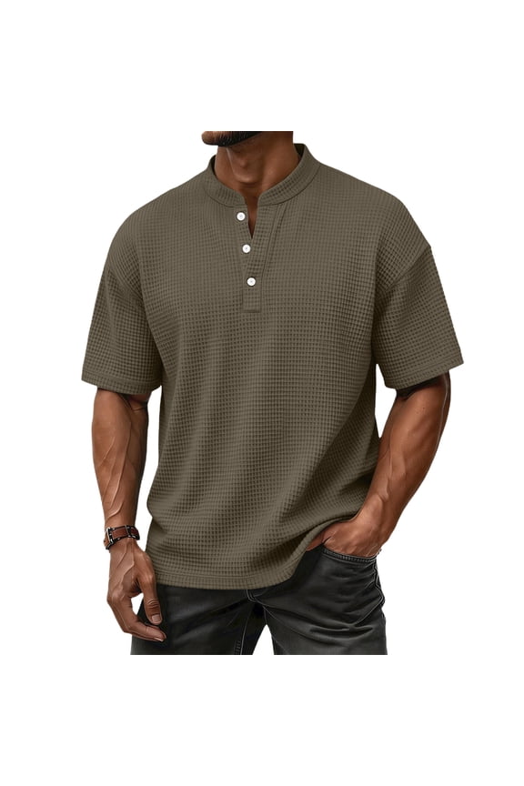 Men's T Shirts Casual Knitted Short Sleeve Waffle Tees Spring Solid Color Basic Henley Shirts Classic Loose Button-Up Blouses Light Brown L