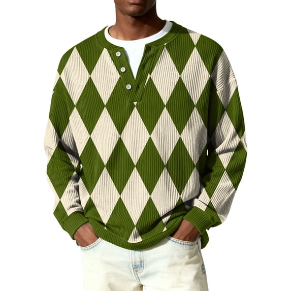 OIOLOYJM Men's V Neck Shirts Casual Long Sleeve Plaid Knit Pullover for Dressy Business Work or Gym Athletic Workout Wear Light Green S