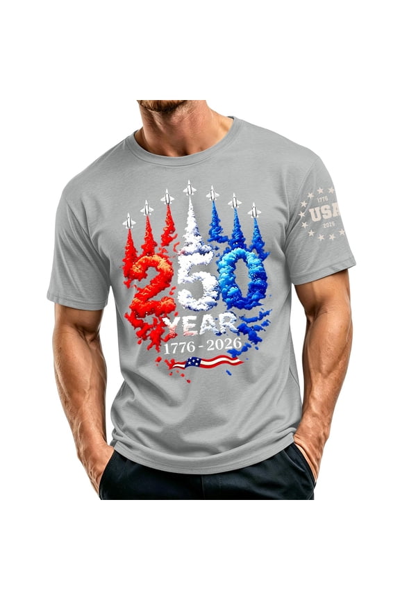 Mens 250 Anniversary USA Shirts Independence Day Patriotric 4th Of July Raglan Short Sleeve Shirts Crewneck 1776-2026 Casual Athletic Tops Gray L