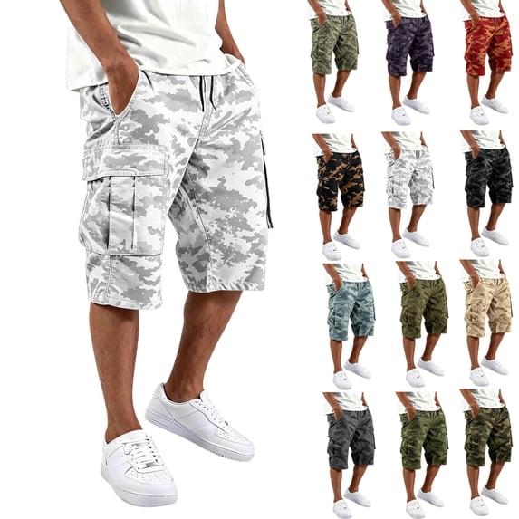 OIOLOYJM Mens Camo Cargo Shorts Elastic Waistband Drawstring Relaxed Fit Casual Breathable Athletic Joggers Work Fishing Sweat Shorts with Multi Pockets White L