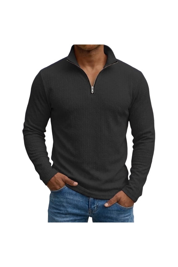 Mens Casual Quarter Zip Pullover Textured Knit Long Sleeve Sweater Everyday Lounge Shirts Black XL