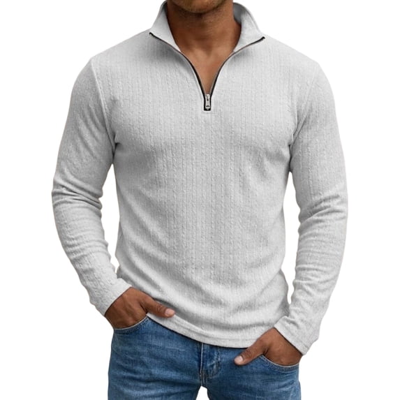 OIOLOYJM Mens Casual Textured Pullover Quarter Zip Long Sleeve Knit Sweater Lounge Daily Tops Light Gray L