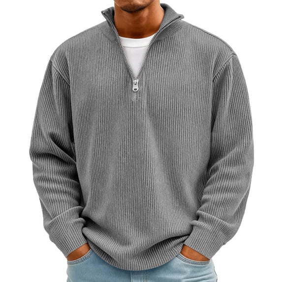 OIOLOYJM Mens Corduroy Sweatshirt Casual Stand Collar Quarter Zip Henley Shirts Spring Ribbed Knit Long Sleeve Pullover Thermal Shirts Gray 2XL