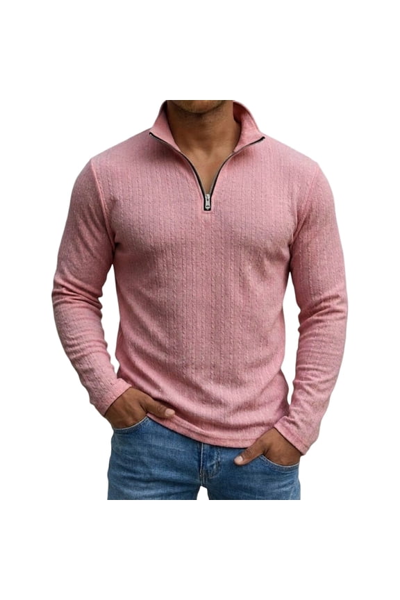 Mens Daily Textured Knit Sweater Quarter Zip Long Sleeve Casual Pullover Lounge Tops Pink M