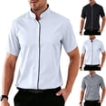 thumbnail image 1 of OIOLOYJM Mens Dress Shirt Regular Fit Stand Collar Stretch Short Sleeve Button Down Business Work Shirts Lightweight Breathable Foldable Outdoor Office Outfits White L, 1 of 5