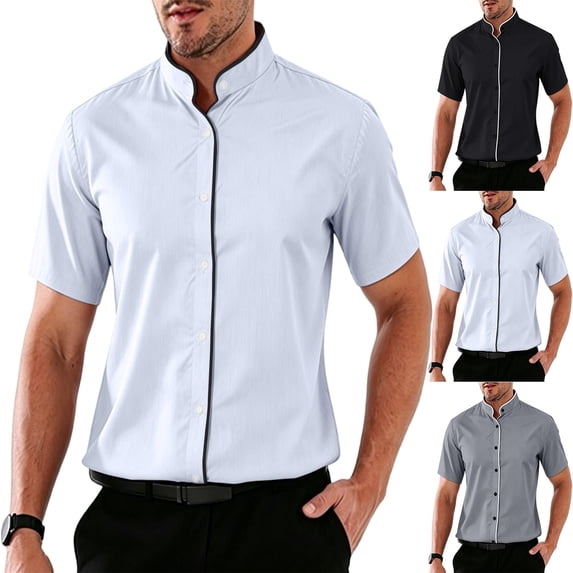 OIOLOYJM Mens Dress Shirt Regular Fit Stand Collar Stretch Short Sleeve Button Down Business Work Shirts Lightweight Breathable Foldable Outdoor Office Outfits White L