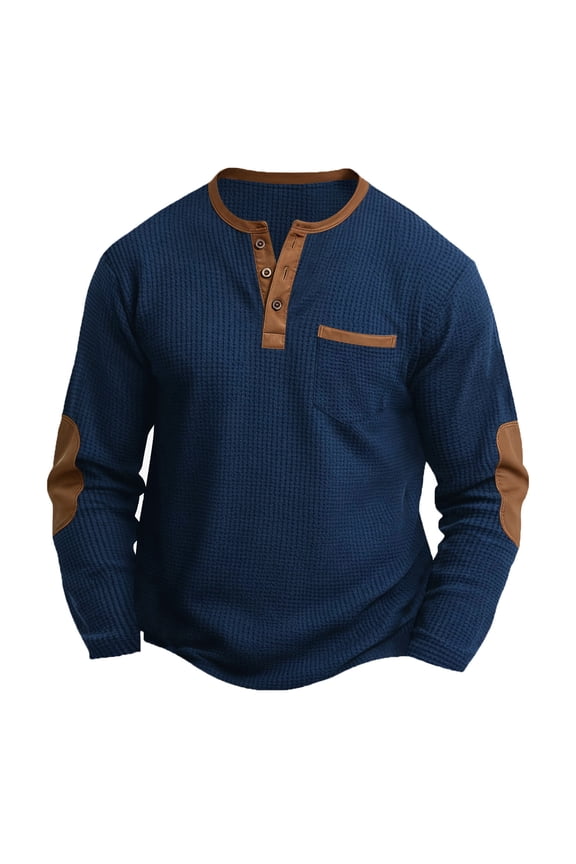 Mens Henley Long Sleeve Shirt Waffle Knit Elbow Patch Casual Everyday Tops Navy 2XL
