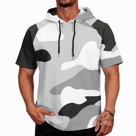 OIOLOYJM Mens Hoodies Sun Protection Lightweight Camo Short Sleeve Hooded Shirts Rash Guard Quick Dry Hiking Casual Tees Light Gray M