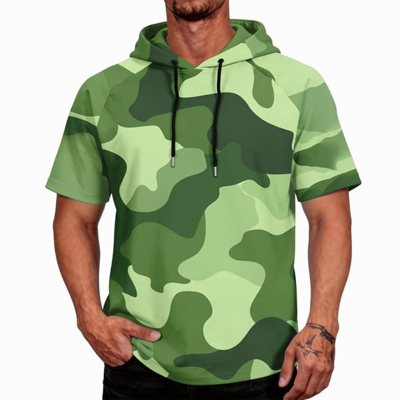 OIOLOYJM Mens Hoodies Sun Protection Lightweight Camo Short Sleeve Hooded Shirts Rash Guard Quick Dry Swim Fishing Clothes Dark Green 2XL