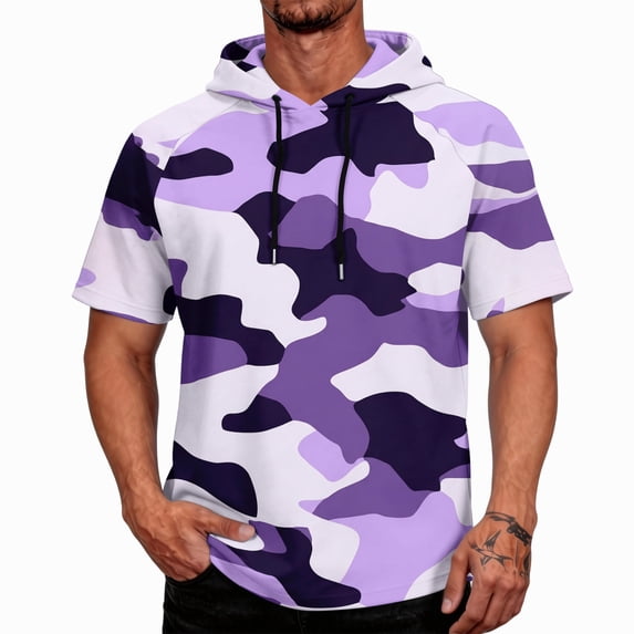 OIOLOYJM Mens Hoodies Sun Protection Lightweight Camo Short Sleeve Hooded T Shirts Rash Guard Quick Dry Running Casual Tops Purple 3XL