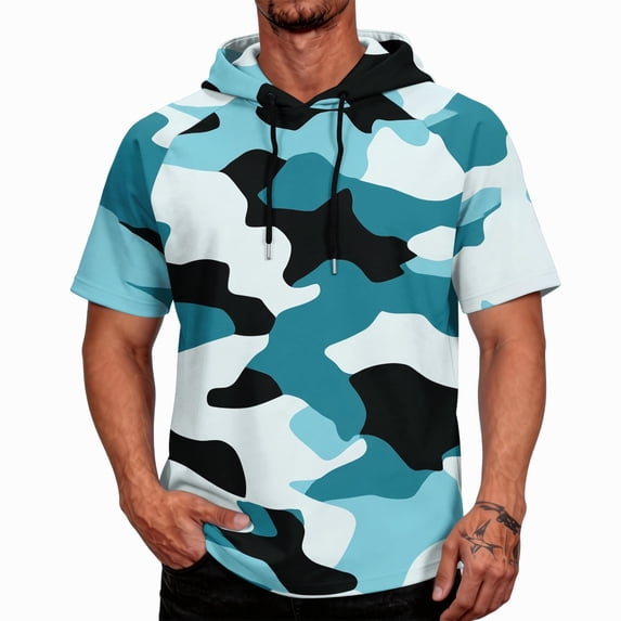 OIOLOYJM Mens Hoodies Sun Protection UPF Camo Short Sleeve Hooded T Shirts Rash Guard Quick Dry Swim Fishing Tops Light Blue L