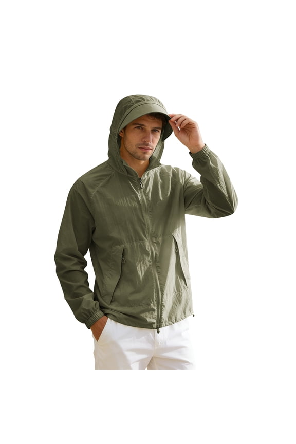 Mens Lightweight Jackets Spring Summer Outdoor Sun Protection Windbreaker Quick Dry Full Zip Sports Hiking Hoodie Jacket with Pockets Army Green 3XL