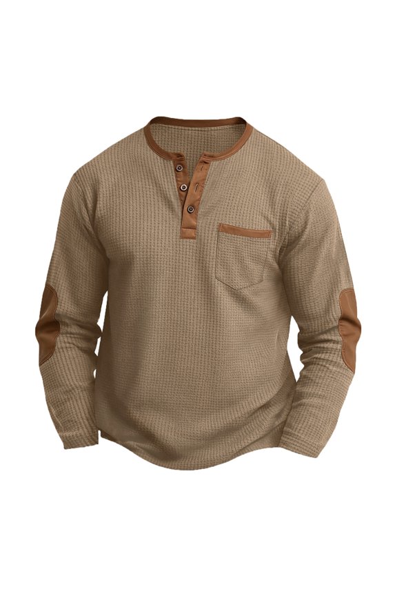 Mens Long Sleeve Casual Henley Waffle Knit Elbow Patch Lounge Daily Shirts Khaki S