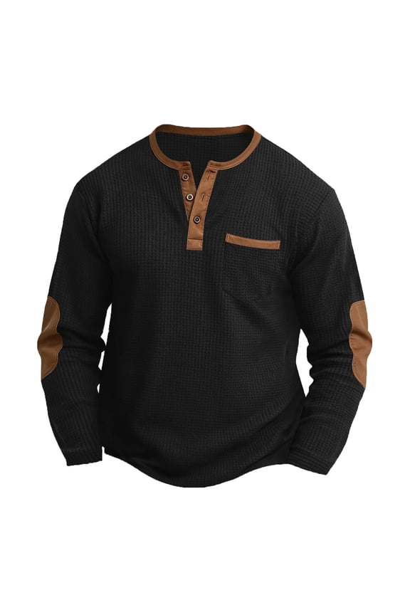 Mens Long Sleeve Elbow Patch Henley Waffle Knit Casual Daily Lounge Tops Black XL