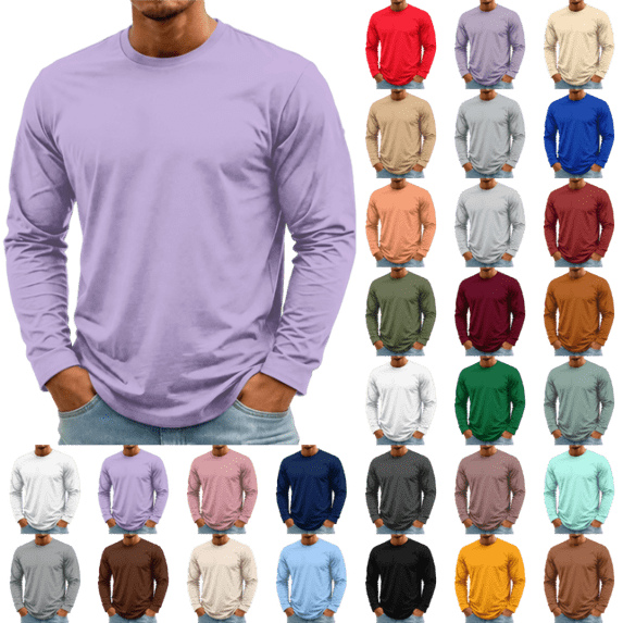OIOLOYJM Mens Long Sleeve T Shirts Cotton Casual Basic Crew Neck Stretch Workout Running T-Shirt Soft Breathable Athletic Work Office Pullover Light Purple 2XL