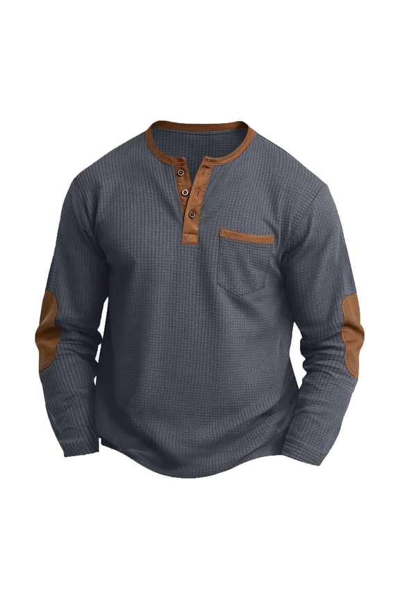 Mens Lounge Elbow Patch Henley Waffle Knit Long Sleeve Casual Daily Shirts Gray S