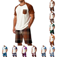 thumbnail image 1 of OIOLOYJM Mens Pajama Set Summer Casual Cotton Plaid Breathable Pjs Sleepwear Soft Comfy Raglan Short Sleeve Sleep Set With Pockets Brown L, 1 of 5