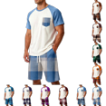thumbnail image 1 of OIOLOYJM Mens Pajama Set Summer Casual Cotton Plaid Breathable Pjs Sleepwear Soft Comfy Raglan Short Sleeve Sleep Set With Pockets Light Blue 5XL, 1 of 5