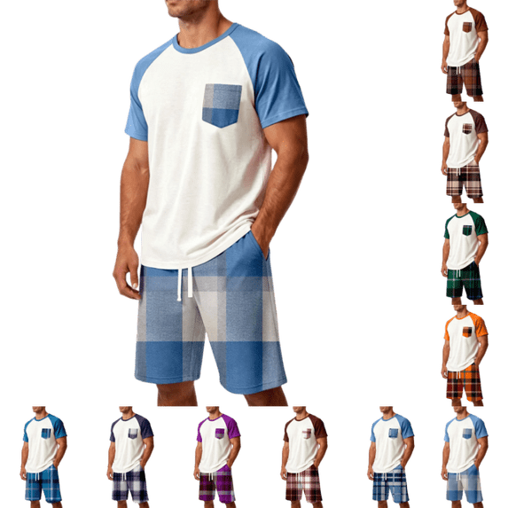 OIOLOYJM Mens Pajama Set Summer Casual Cotton Plaid Breathable Pjs Sleepwear Soft Comfy Raglan Short Sleeve Sleep Set With Pockets Light Blue 5XL