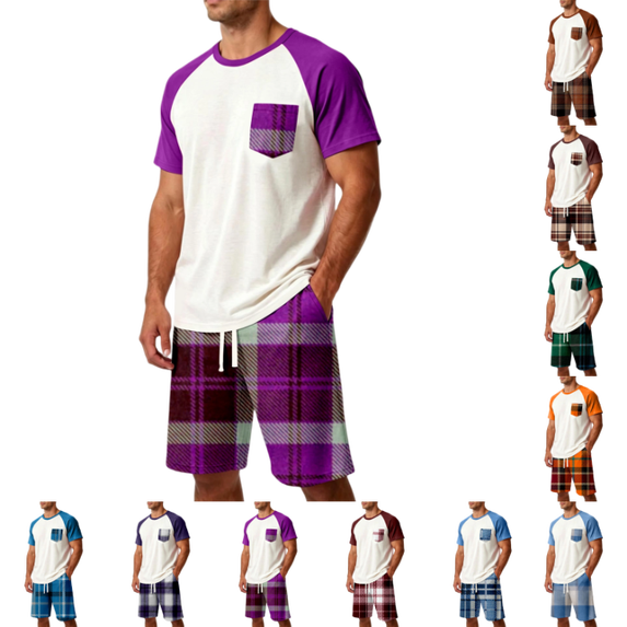 OIOLOYJM Mens Pajama Set Summer Casual Cotton Plaid Breathable Pjs Sleepwear Soft Comfy Raglan Short Sleeve Sleep Set With Pockets Purple 5XL