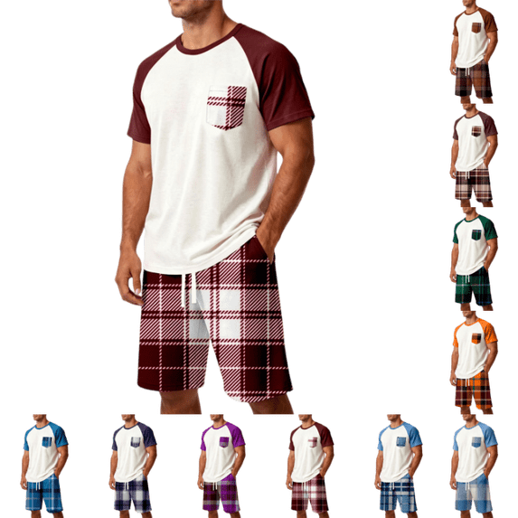 OIOLOYJM Mens Pajama Set Summer Casual Cotton Plaid Breathable Pjs Sleepwear Soft Comfy Raglan Short Sleeve Sleep Set With Pockets Wine M