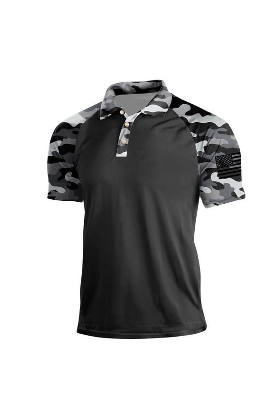 Mens Polo Shirts Casual Button Camo Print Henley Shirts Lightweight Short Sleeve T Shirt Stylish Work Breathable Neck Pullover Black 3XL