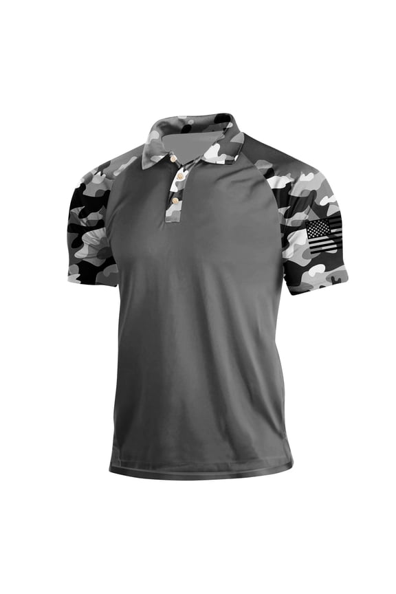 Mens Polo Shirts Casual Button Camo Print Henley Shirts Regular Fit Short Sleeve T Shirt Stylish Soft Lapel Collared Tops Gray 3XL