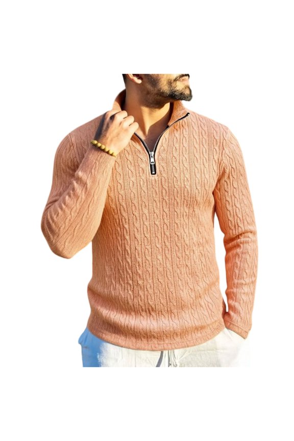 Mens Quarter-Zip Pullover Sweater Cable Knitted Stand Collar Shirts Spring Casual Long Sleeve Warm Twisted Knitwear Tops Orange XL