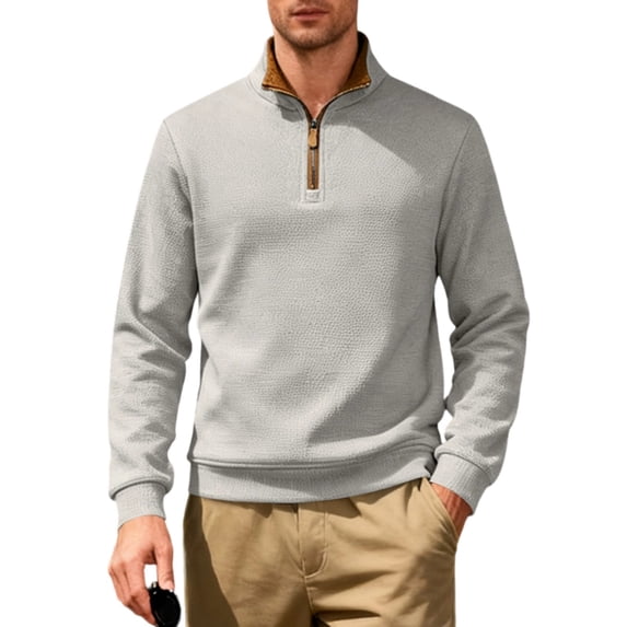 OIOLOYJM Mens Quarter Zip Pullover Sweater Classic Knit Comfort Warm Mock Neck Sweatshirt Casual Contrast Stand Collar Athletic Running Shirts Light Gray M