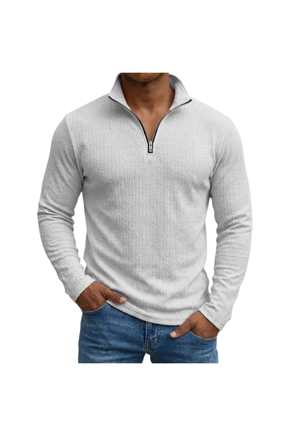 Mens Quarter Zip Textured Knit Top Long Sleeve Casual Pullover Daily Lounge Shirts Light Gray M