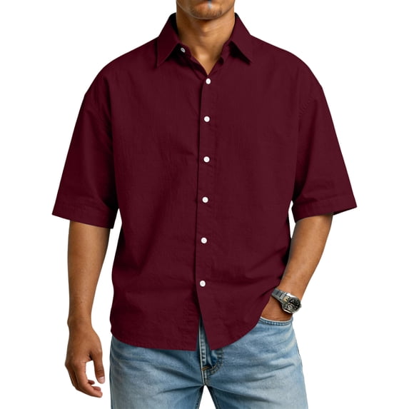 OIOLOYJM Mens Shirts Basic Casual Cotton Button Down Shirts Summer Short Sleeve Collared Relaxed Fit T-Shirts Stylish Vacation Clothes Wine L