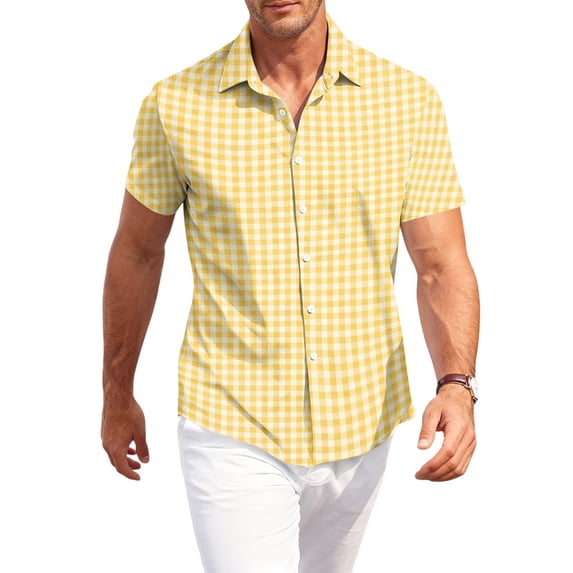 OIOLOYJM Mens Short Sleeve Button Down Shirts Casual Stretch Plaid Classic Fit Business Work Shirts Summer Lightweight Outdoor Beach Vacation Travel Lounge Blouses Yellow 4XL