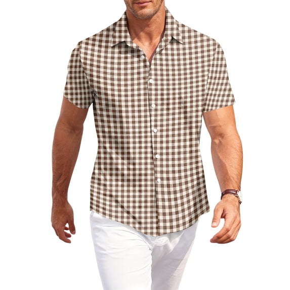 OIOLOYJM Mens Short Sleeve Button Down Shirts Casual Stretch Plaid Classic Fit Business Work Shirts Summer Lightweight Outdoor Beach Vacation Travel Lounge Blouses Coffee 4XL