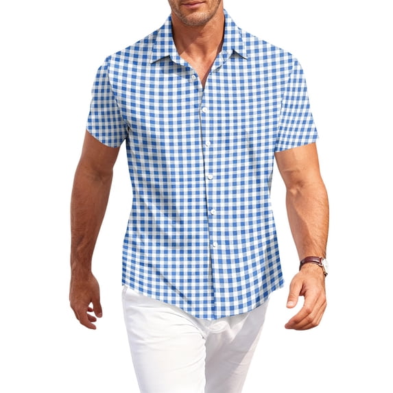 OIOLOYJM Mens Short Sleeve Button Down Shirts Casual Stretch Plaid Classic Fit Business Work Shirts Summer Lightweight Outdoor Beach Vacation Travel Lounge Blouses Royal Blue 2XL