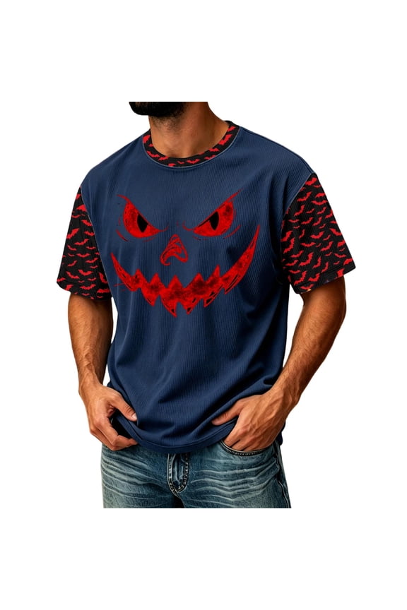 Mens Short Sleeve Shirts Happy Funny Halloween Pumpkin Party Corduroy T Shirts Winter Spooky Classic Fit Comfortable Outfits Navy XL
